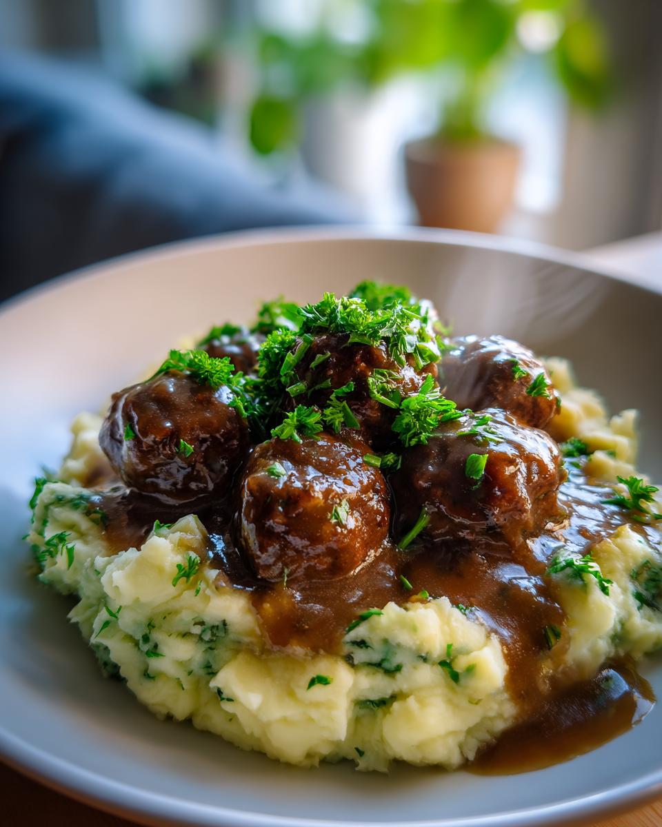 A close-up of Salisbury steak meatballs smothered in gravy, served over garlic herb mashed potatoes and garnished with parsley.