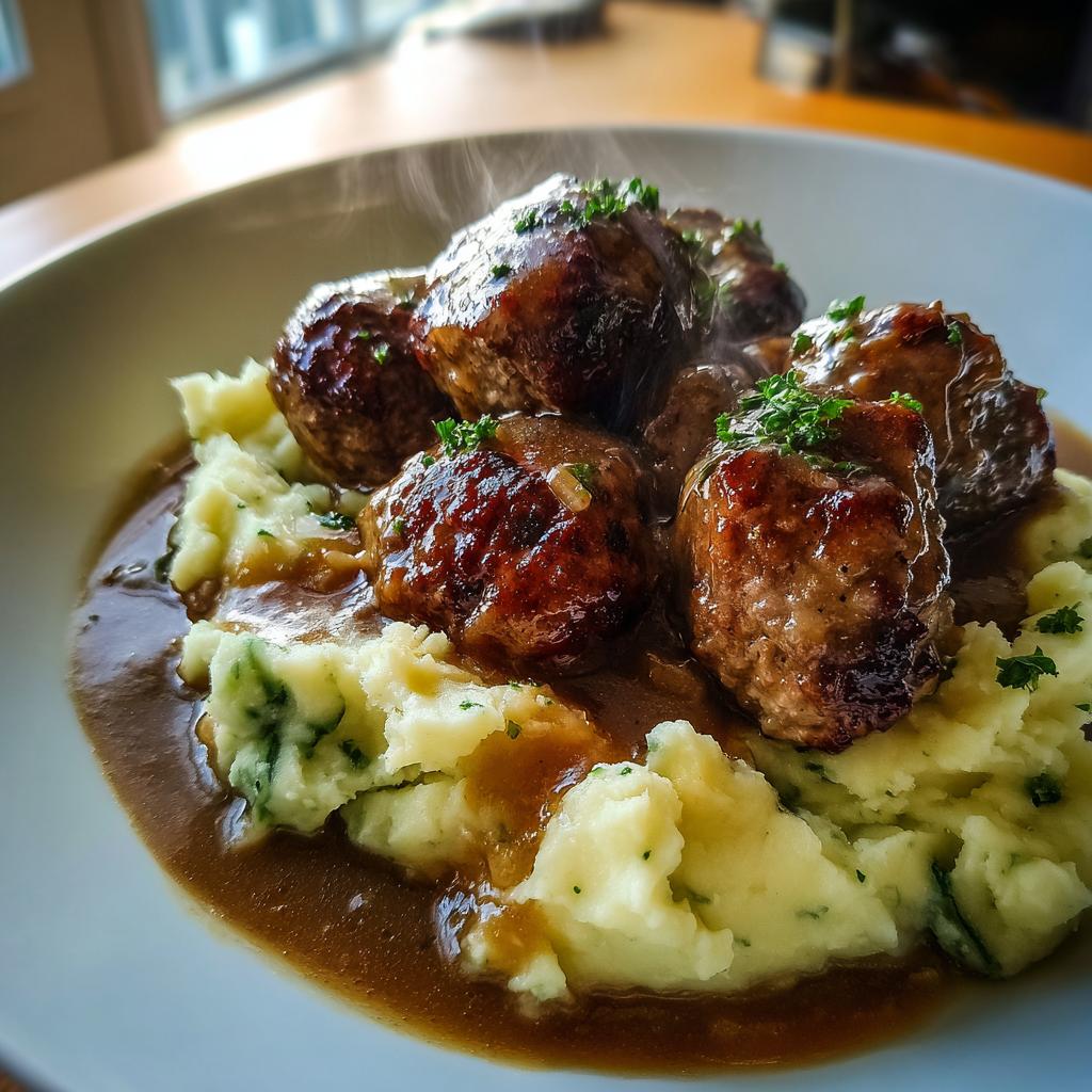 Steaming Salisbury Steak Meatballs served over fluffy Garlic Herb Mashed Potatoes, drizzled with rich brown gravy.