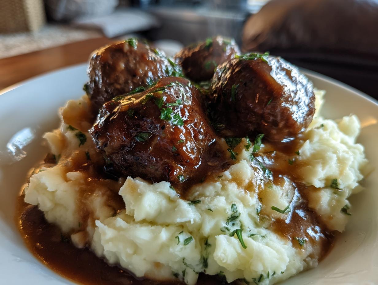 Close-up of Salisbury steak meatballs served over creamy garlic herb mashed potatoes, topped with rich brown gravy and parsley.