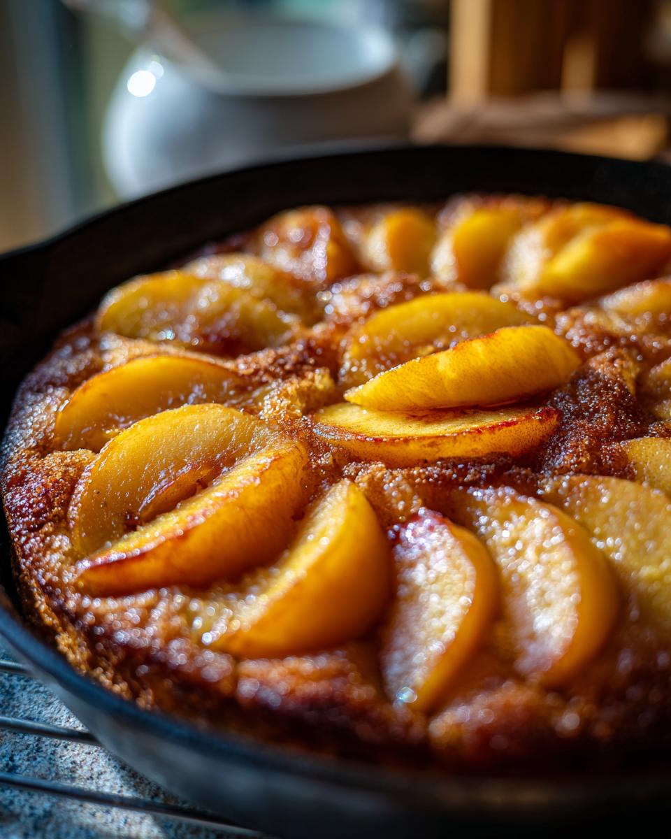 Close-up of a golden-brown skillet cake topped with perfectly baked, soft summer fruit slices.