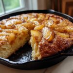 A slice of skillet cake topped with glistening soft summer fruit and cinnamon in a cast iron pan.