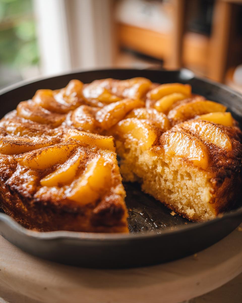 A slice of skillet cake topped with soft summer fruit and dusted with cinnamon.