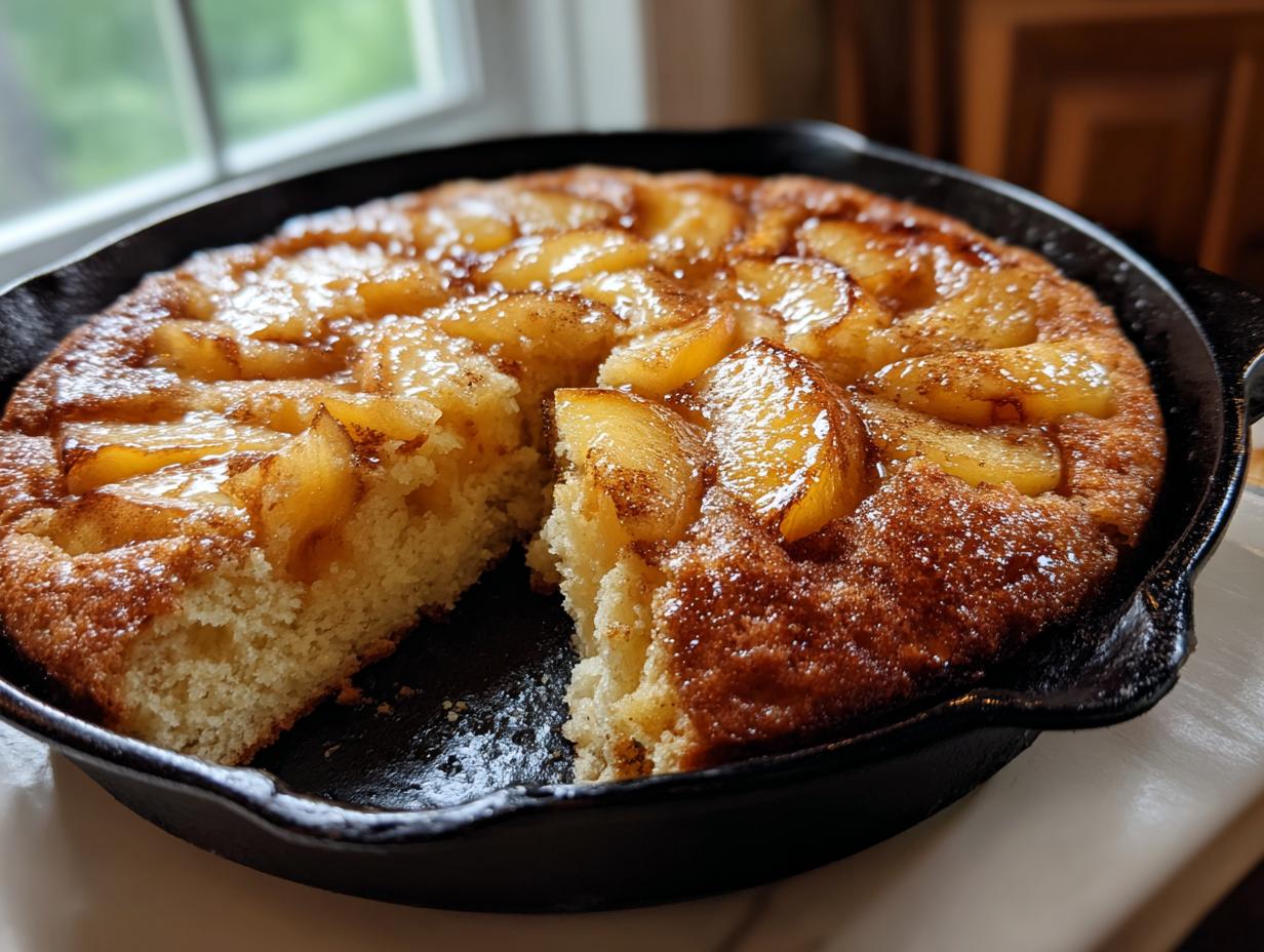 A slice of skillet cake topped with glistening soft summer fruit and cinnamon in a cast iron pan.