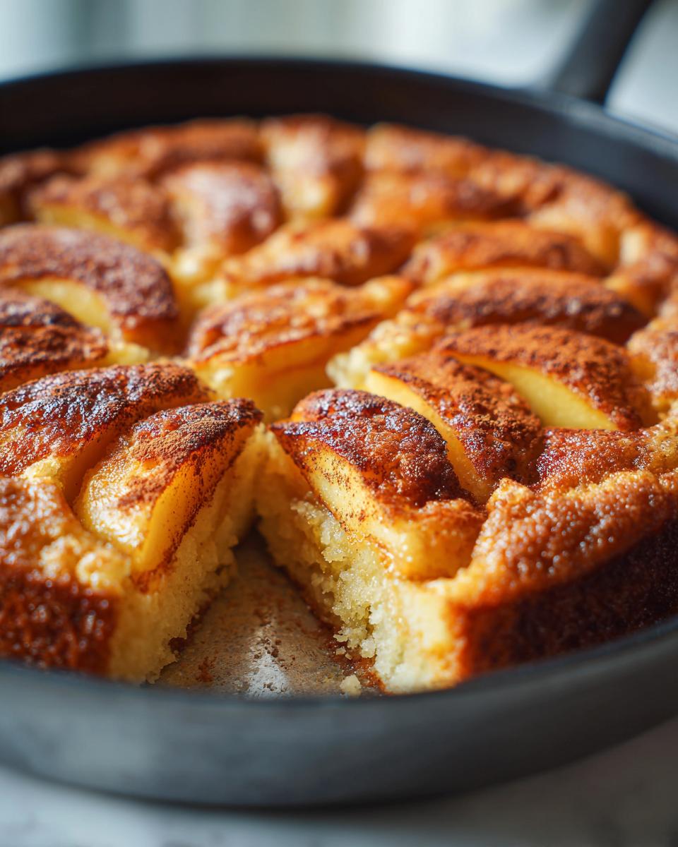 Close-up of a golden-brown skillet cake topped with sliced soft summer fruit and dusted with cinnamon.