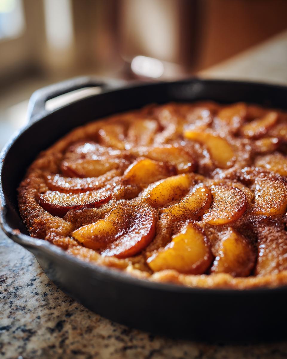 Close-up of a golden-brown skillet peach cake topped with sliced summer fruit and cinnamon.