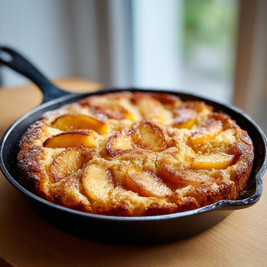 A golden-brown skillet peach cake topped with soft summer fruit slices and a dusting of cinnamon.
