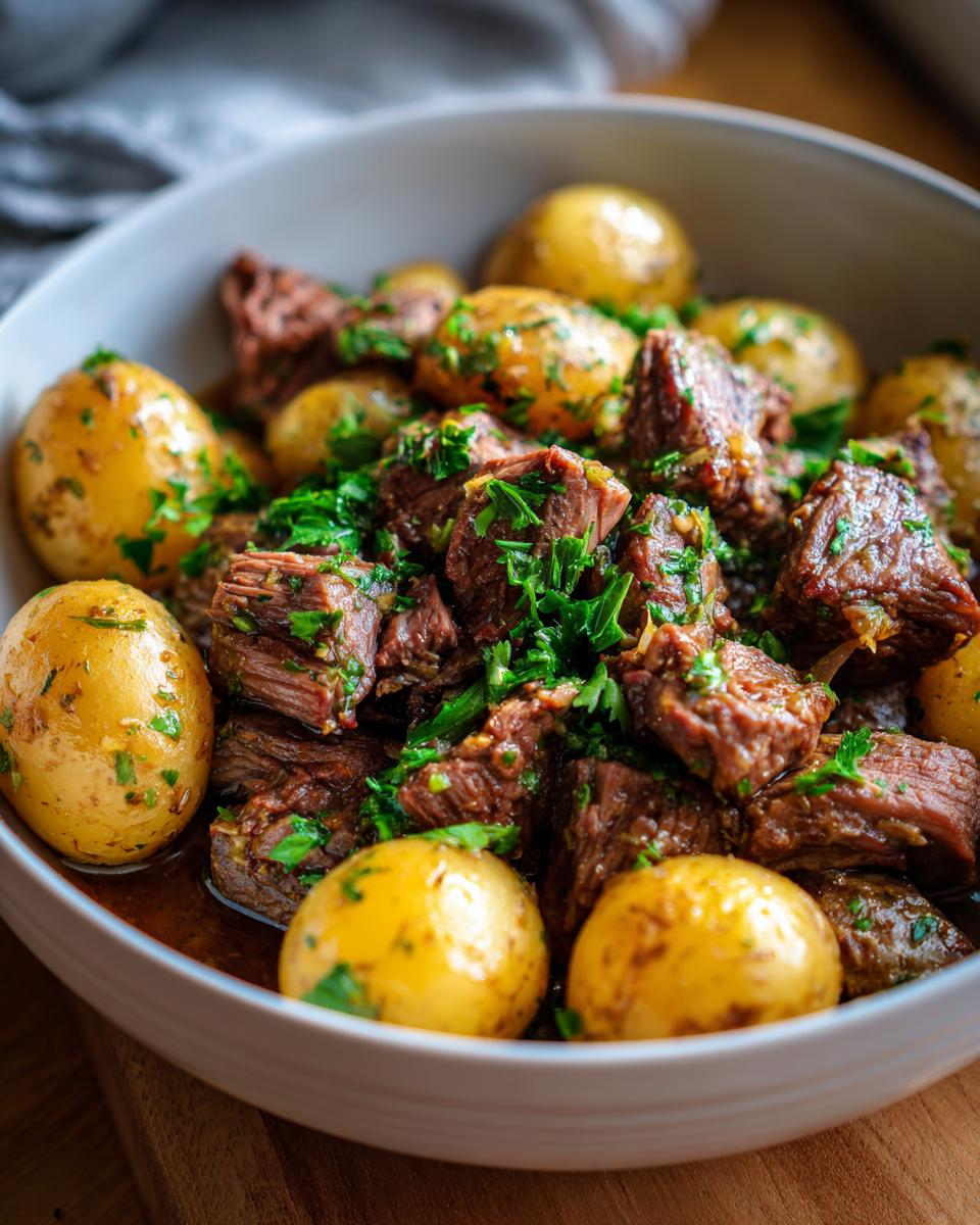 A bowl of tender Slow Cooker Garlic Butter Beef with Potatoes, garnished with fresh parsley.