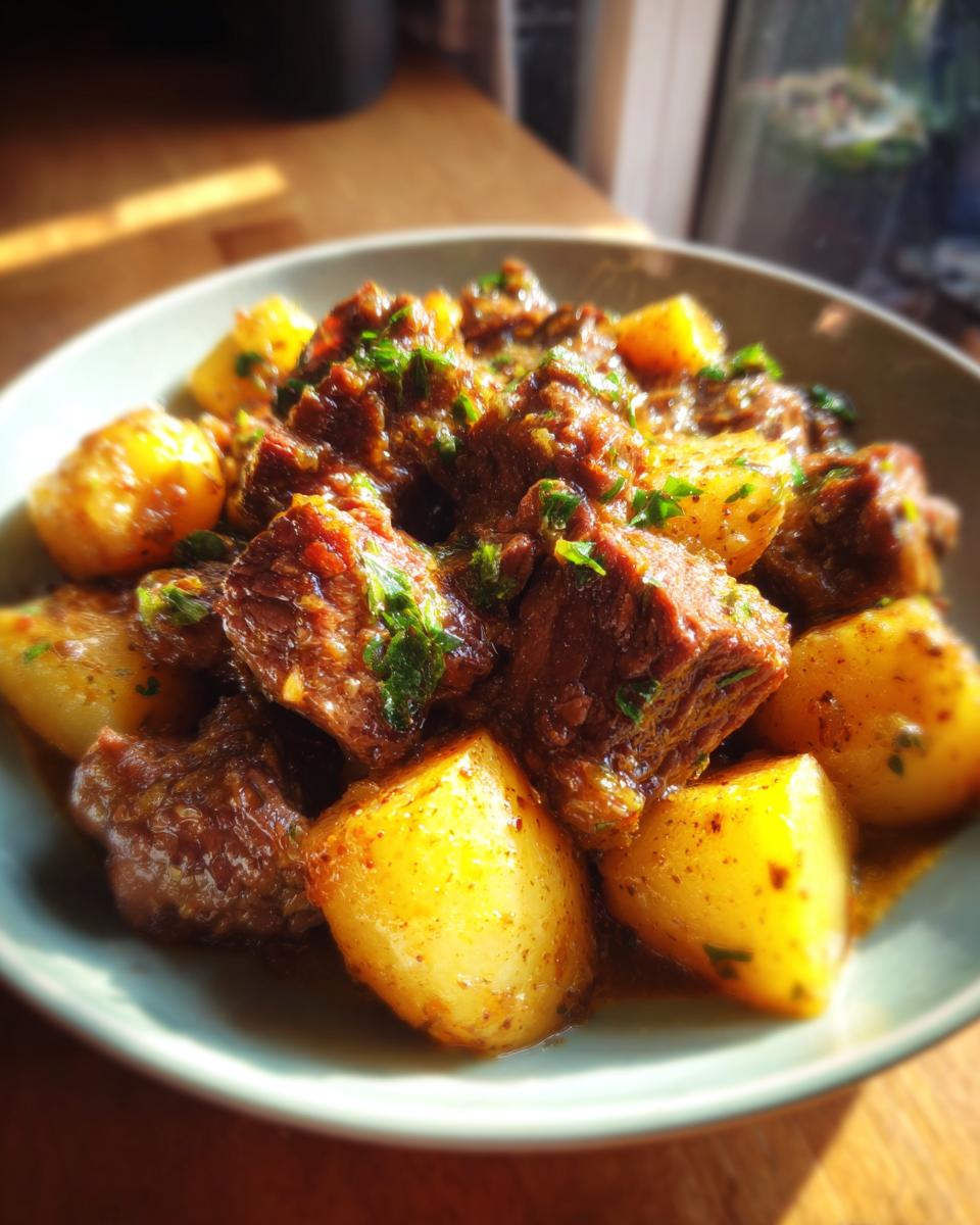 A bowl of tender Slow Cooker Garlic Butter Beef with Potatoes, garnished with fresh parsley.