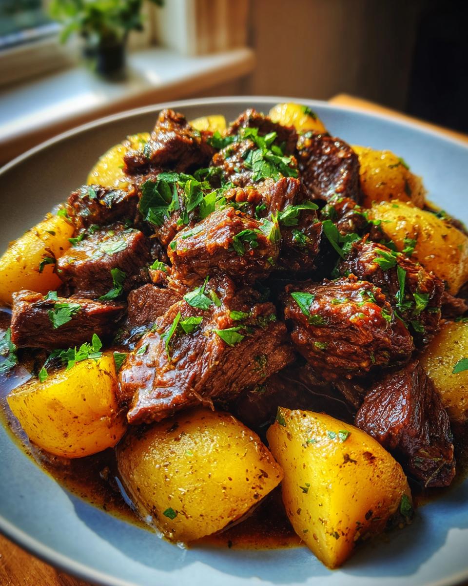 A close-up of tender Slow Cooker Garlic Butter Beef with Potatoes, garnished with fresh parsley.