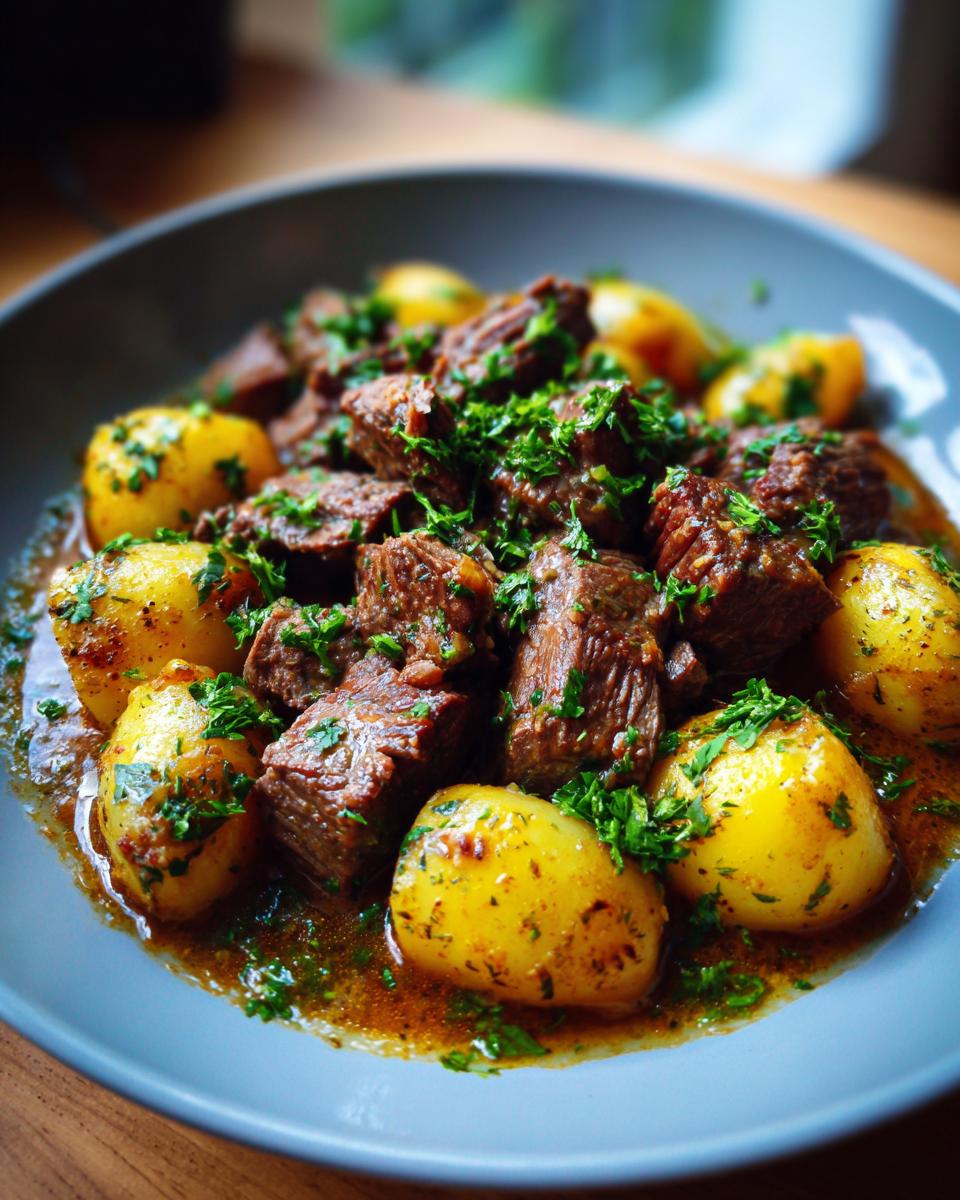 A close-up of Slow Cooker Garlic Butter Beef with Potatoes, garnished with fresh parsley, served in a grey bowl.