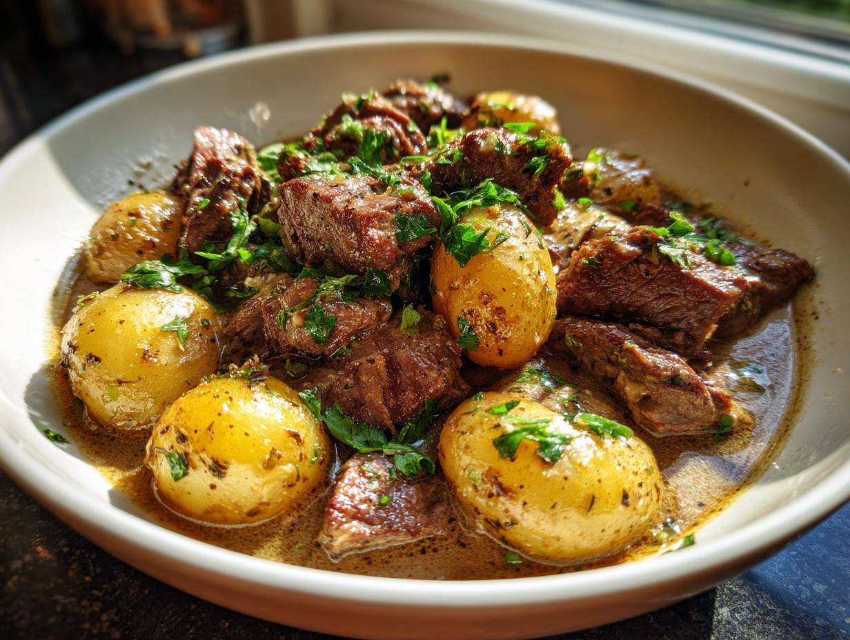 A close-up of tender chunks of Slow Cooker Garlic Butter Beef with Potatoes, garnished with fresh parsley.