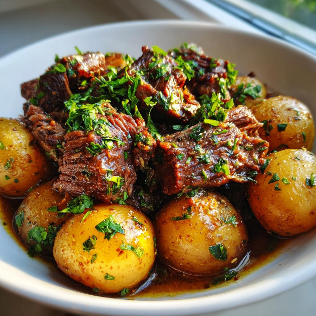 A close-up of tender Slow Cooker Garlic Butter Beef with Potatoes, garnished with fresh parsley.