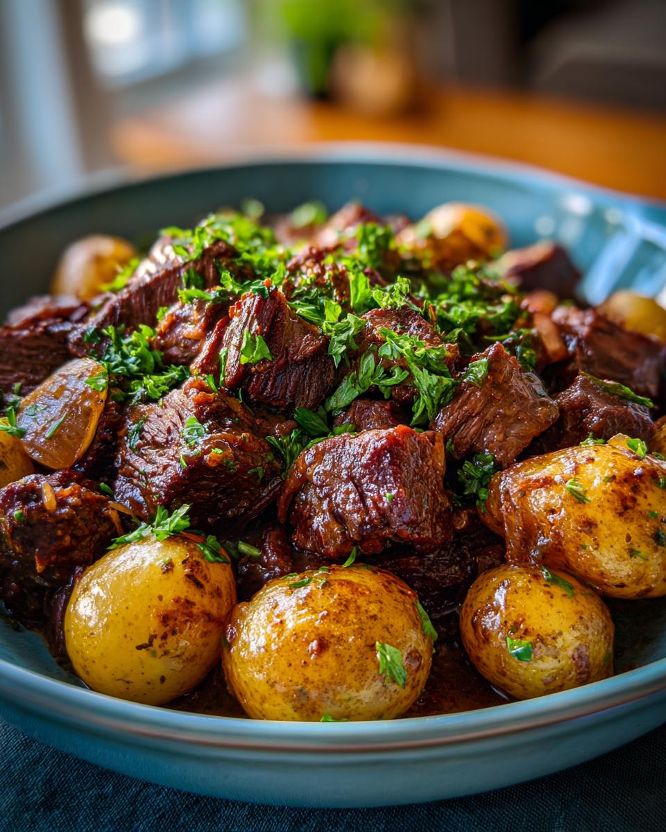 A close-up of tender Slow Cooker Garlic Butter Beef with Potatoes, garnished with fresh parsley.