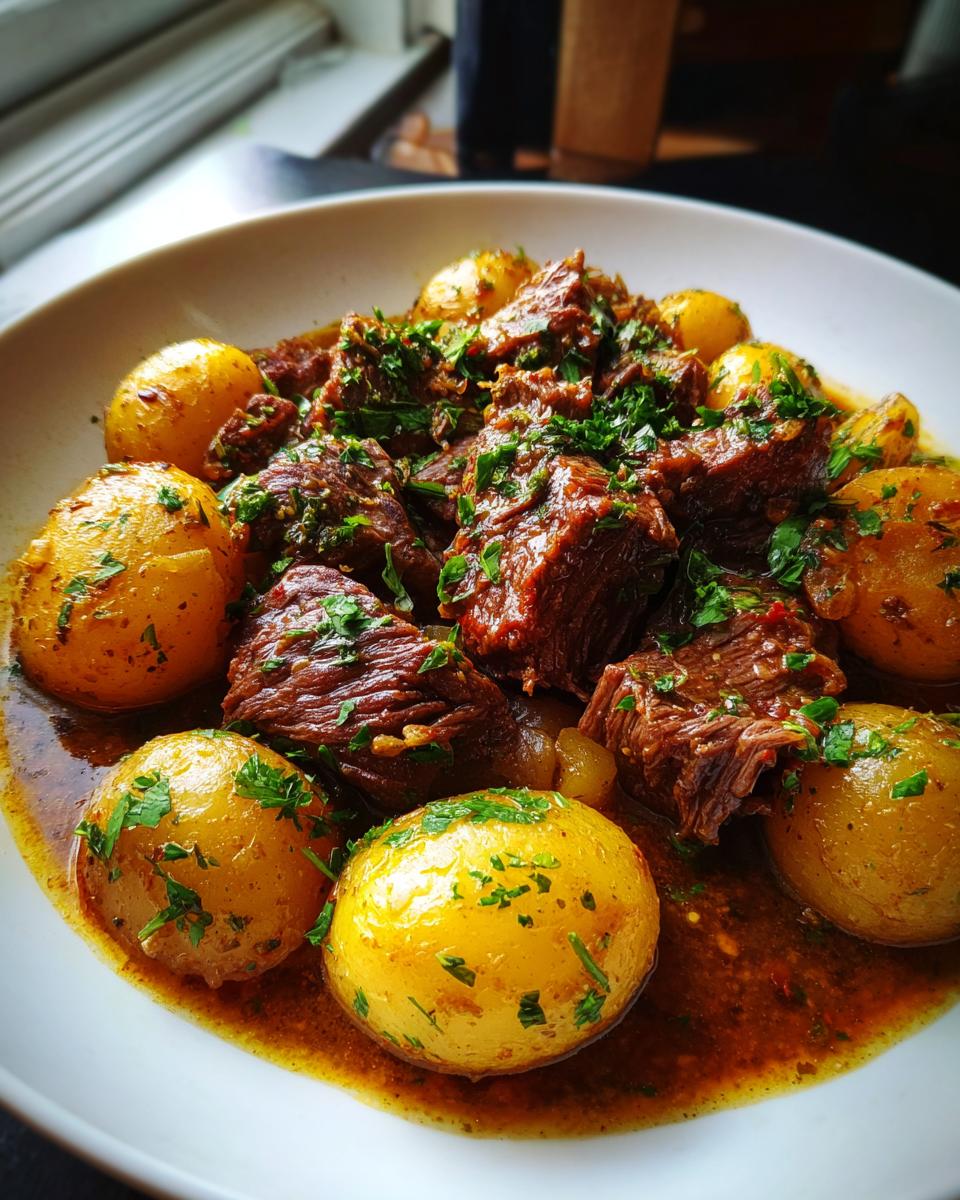 A bowl of Slow Cooker Garlic Butter Beef with Potatoes, garnished with fresh parsley.