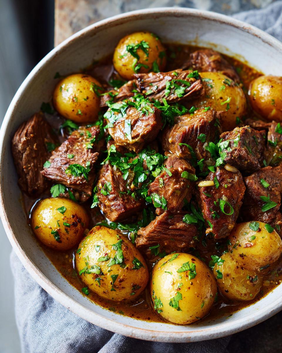 A bowl of tender Slow Cooker Garlic Butter Beef with Potatoes, garnished with fresh parsley.