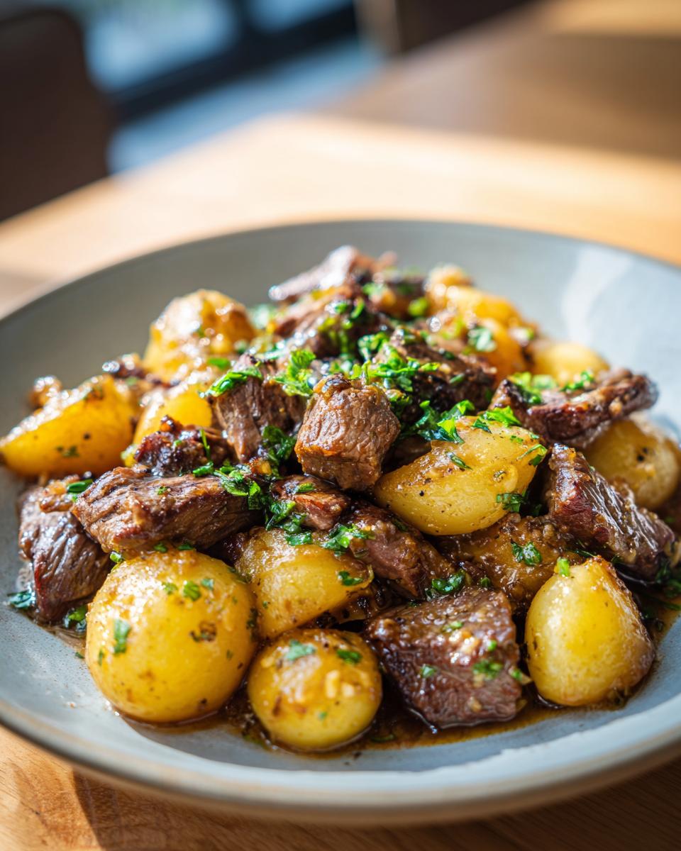 A close-up of tender Slow Cooker Garlic Butter Beef with Potatoes, garnished with fresh parsley.