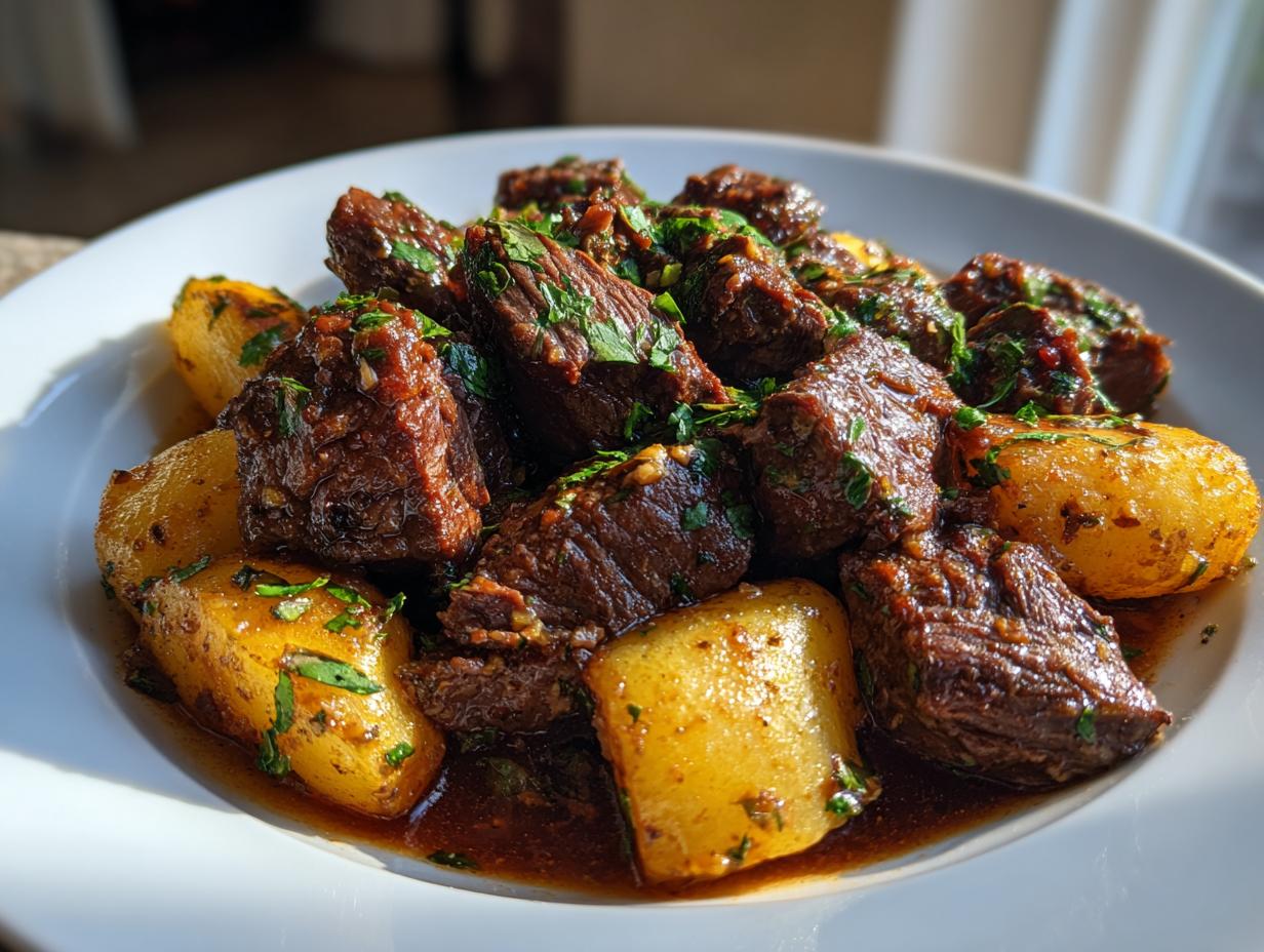 A close-up of tender Slow Cooker Garlic Butter Beef with Potatoes, garnished with fresh parsley.