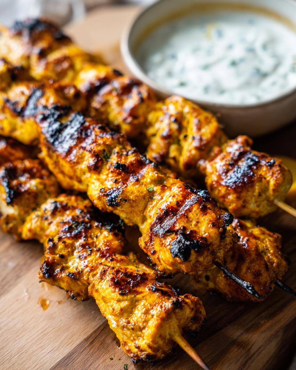 Close-up of smoky chicken skewers with grill marks, served with garlic yogurt dip.