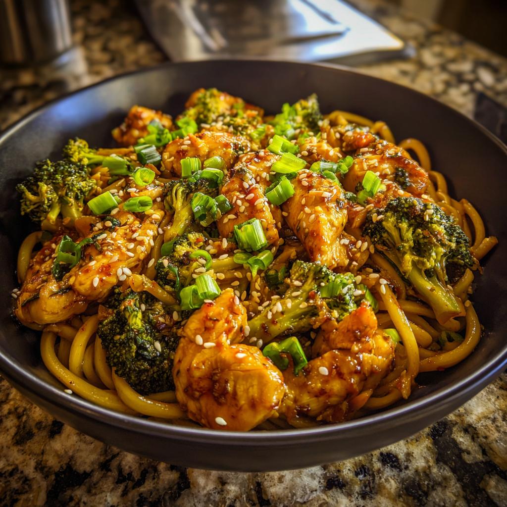 A close-up of a bowl filled with Spicy Garlic Chicken and Broccoli Noodle Bowls, garnished with sesame seeds and green onions.