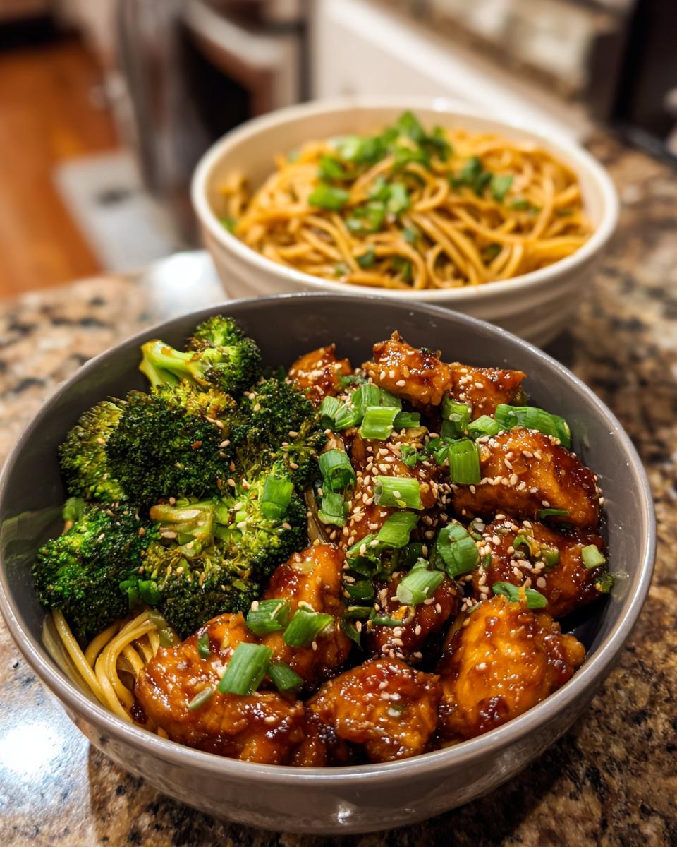 A close-up of a bowl filled with Spicy Garlic Chicken and Broccoli Noodle Bowls, garnished with sesame seeds and green onions.