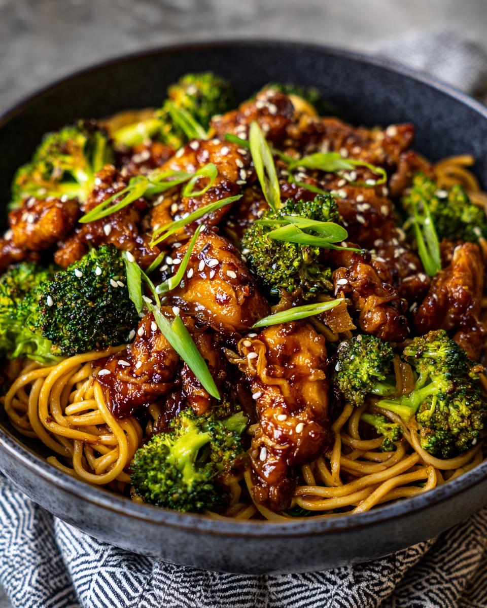 A close-up of a bowl filled with Spicy Garlic Chicken and Broccoli Noodle Bowls, garnished with sesame seeds and green onions.