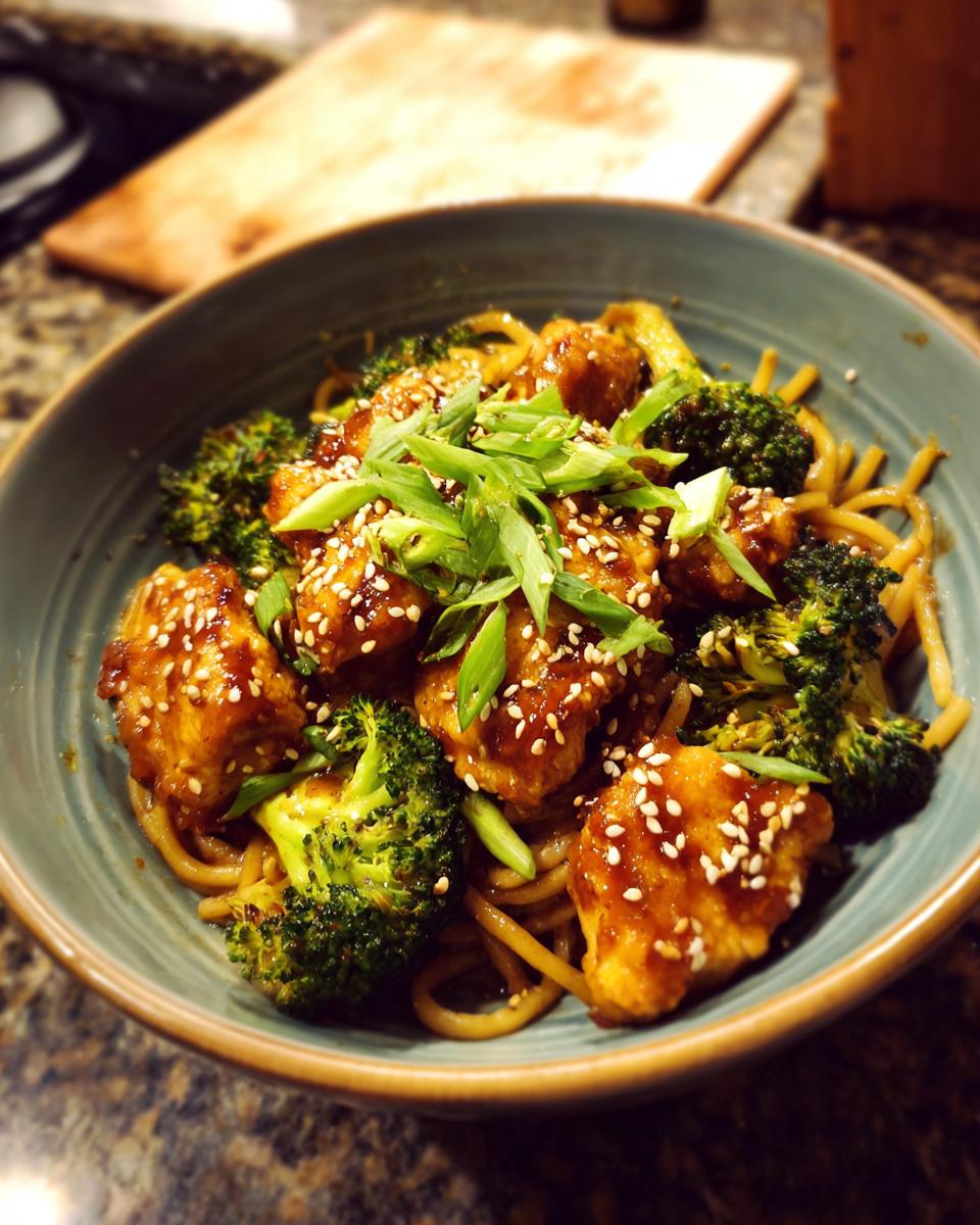 A close-up of a bowl filled with Spicy Garlic Chicken and Broccoli Noodle Bowls, topped with sesame seeds and green onions.