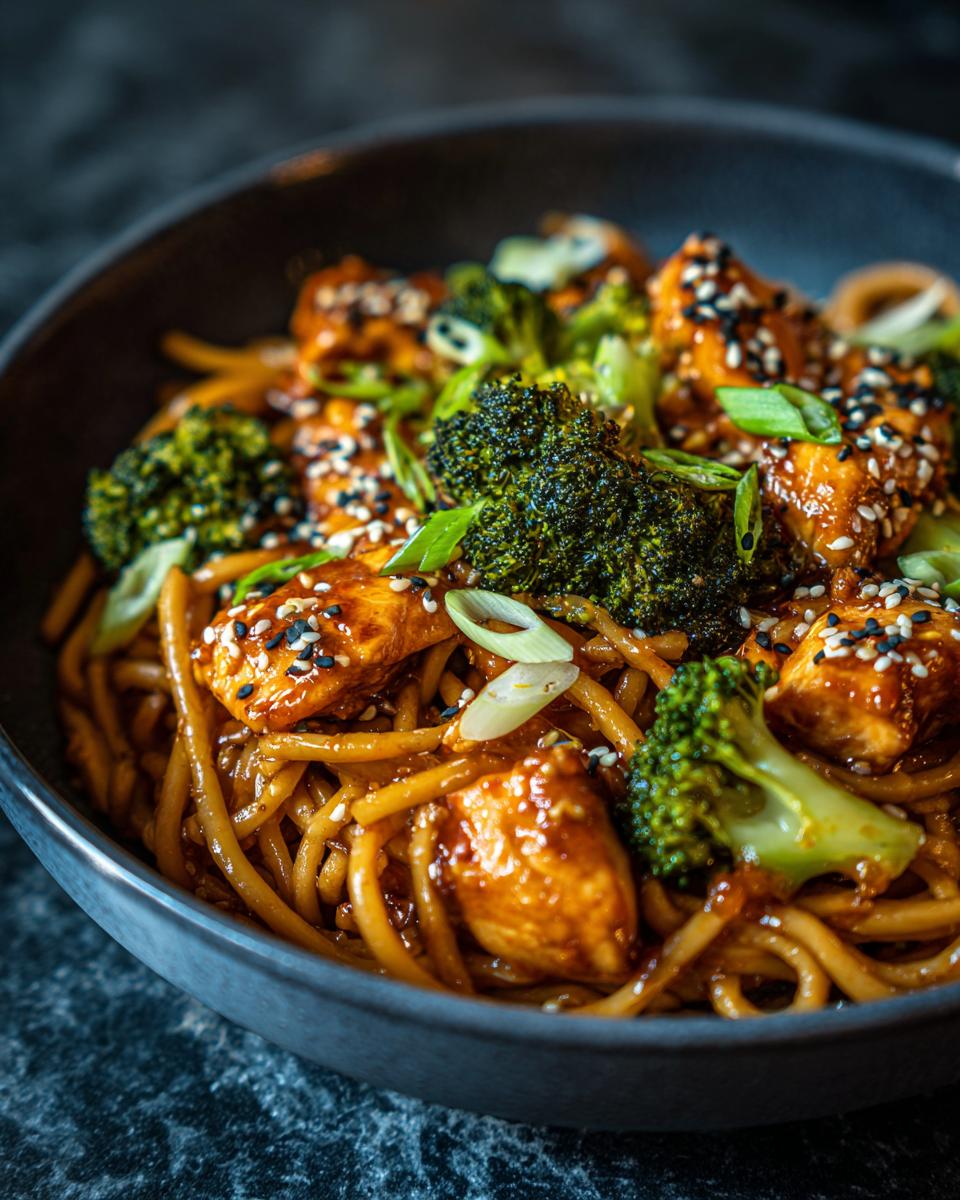 Close-up of Spicy Garlic Chicken and Broccoli Noodle Bowls in a dark bowl, garnished with sesame seeds and green onions.