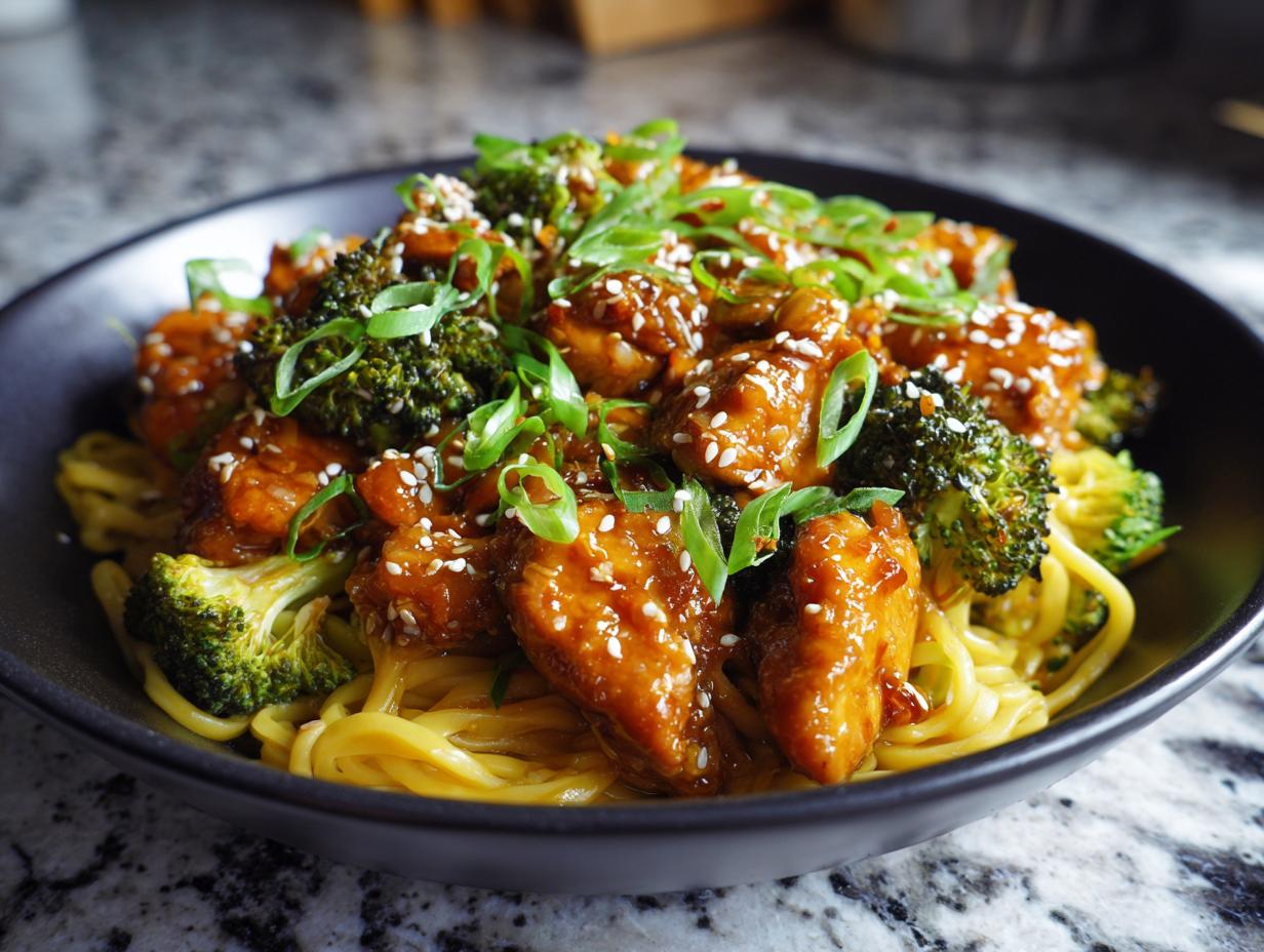 A close-up of a black bowl filled with Spicy Garlic Chicken and Broccoli Noodle Bowls, garnished with sesame seeds and green onions.