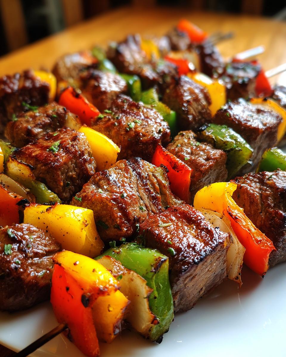 Close-up of grilled steak kabobs with colorful bell peppers and onions, seasoned with herbs.