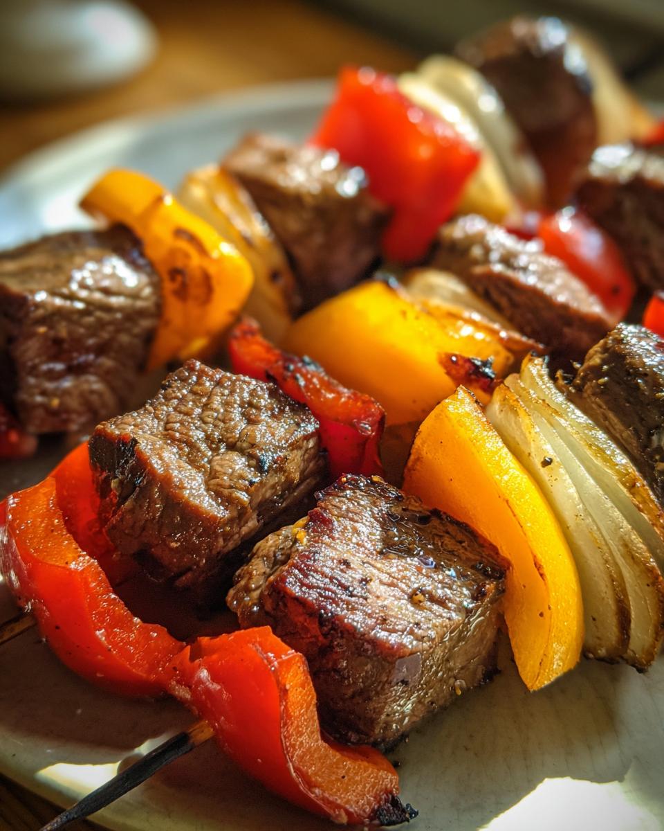 Close-up of grilled steak kabobs with red bell peppers, yellow bell peppers, and onions.