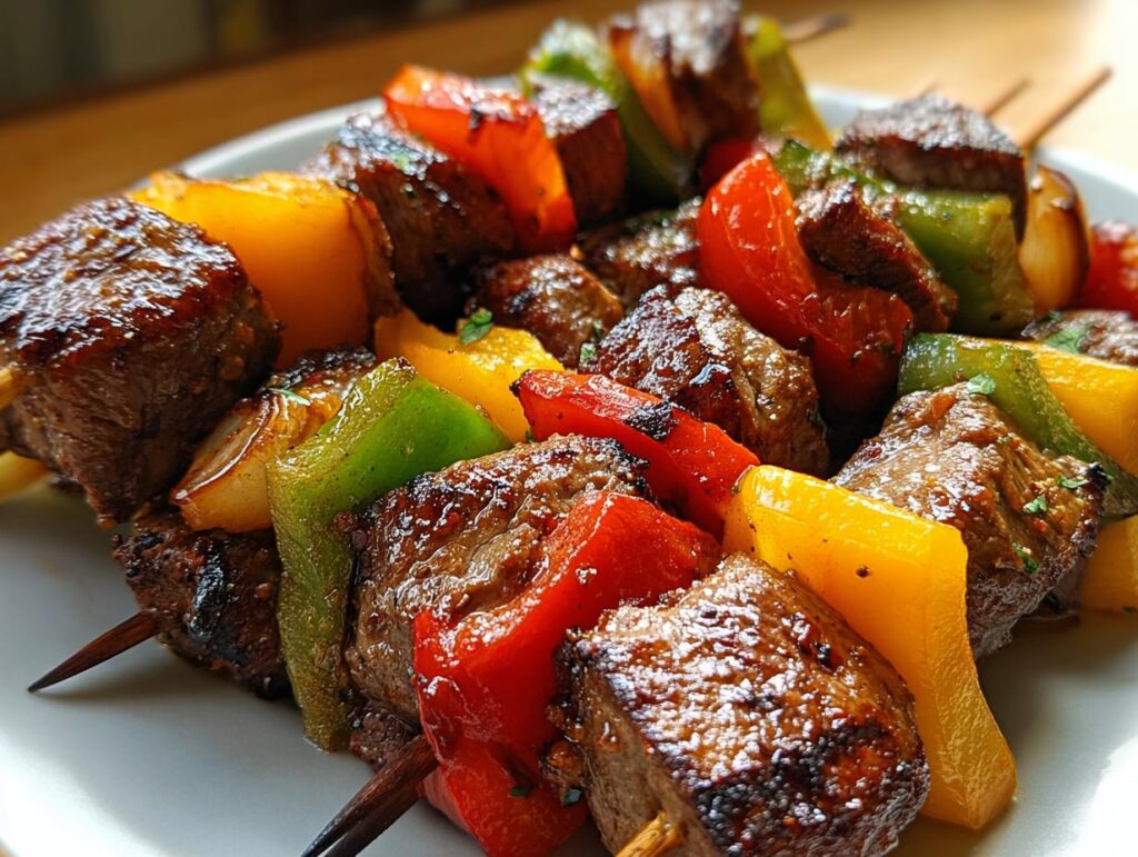 Close-up of grilled steak kabobs with colorful bell peppers (red, yellow, green) and onions on skewers.