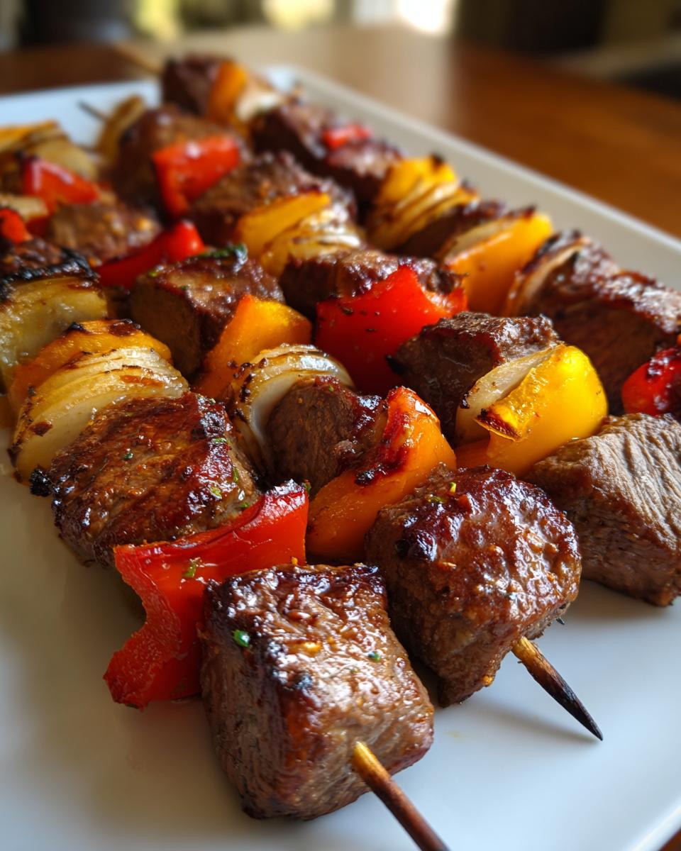 Close-up of grilled steak kabobs with chunks of juicy steak, red and yellow bell peppers, and white onion.