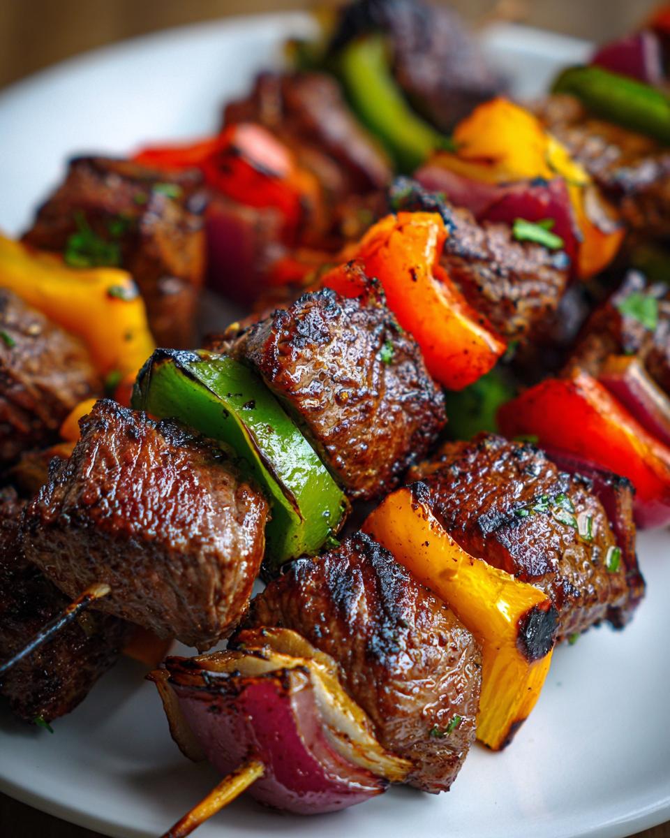 Close-up of grilled steak kabobs with colorful bell peppers and red onions, a perfect addition to grilling recipes.