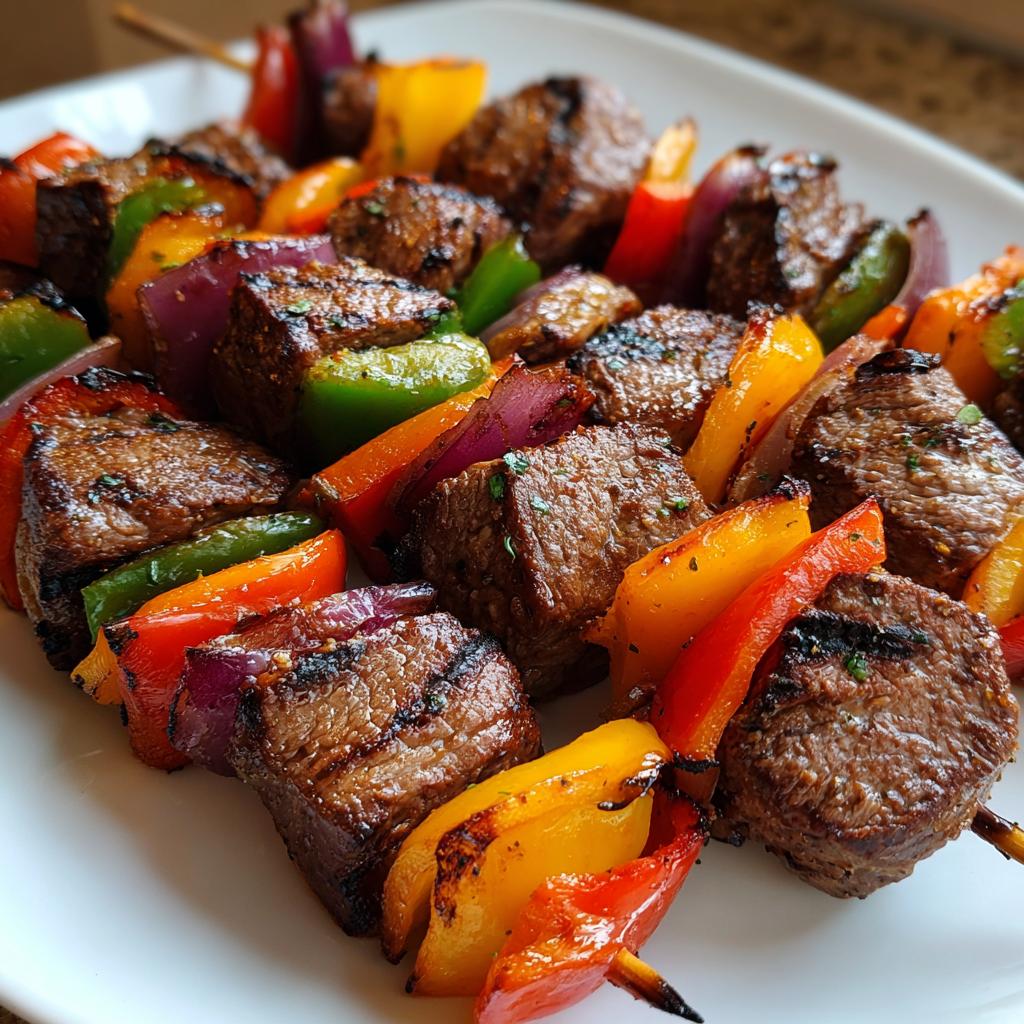 Close-up of grilled steak kabobs with colorful bell peppers and red onion pieces on a white plate.
