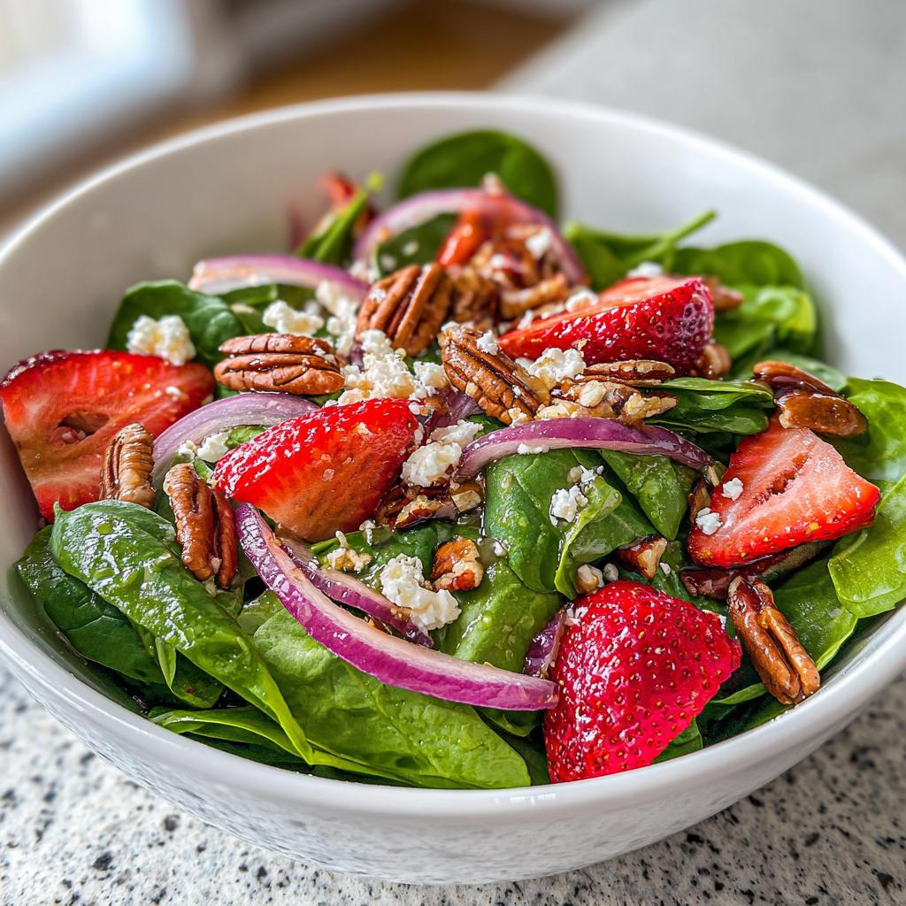 A refreshing strawberry spinach salad with sliced strawberries, red onion, pecans, and feta cheese in a white bowl.