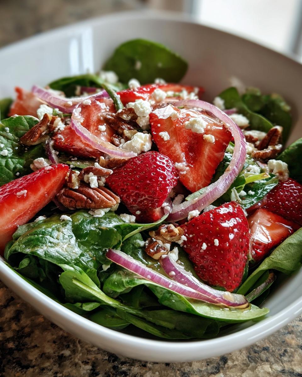 A vibrant strawberry spinach salad with feta cheese, red onion, and pecans, perfect for summer.