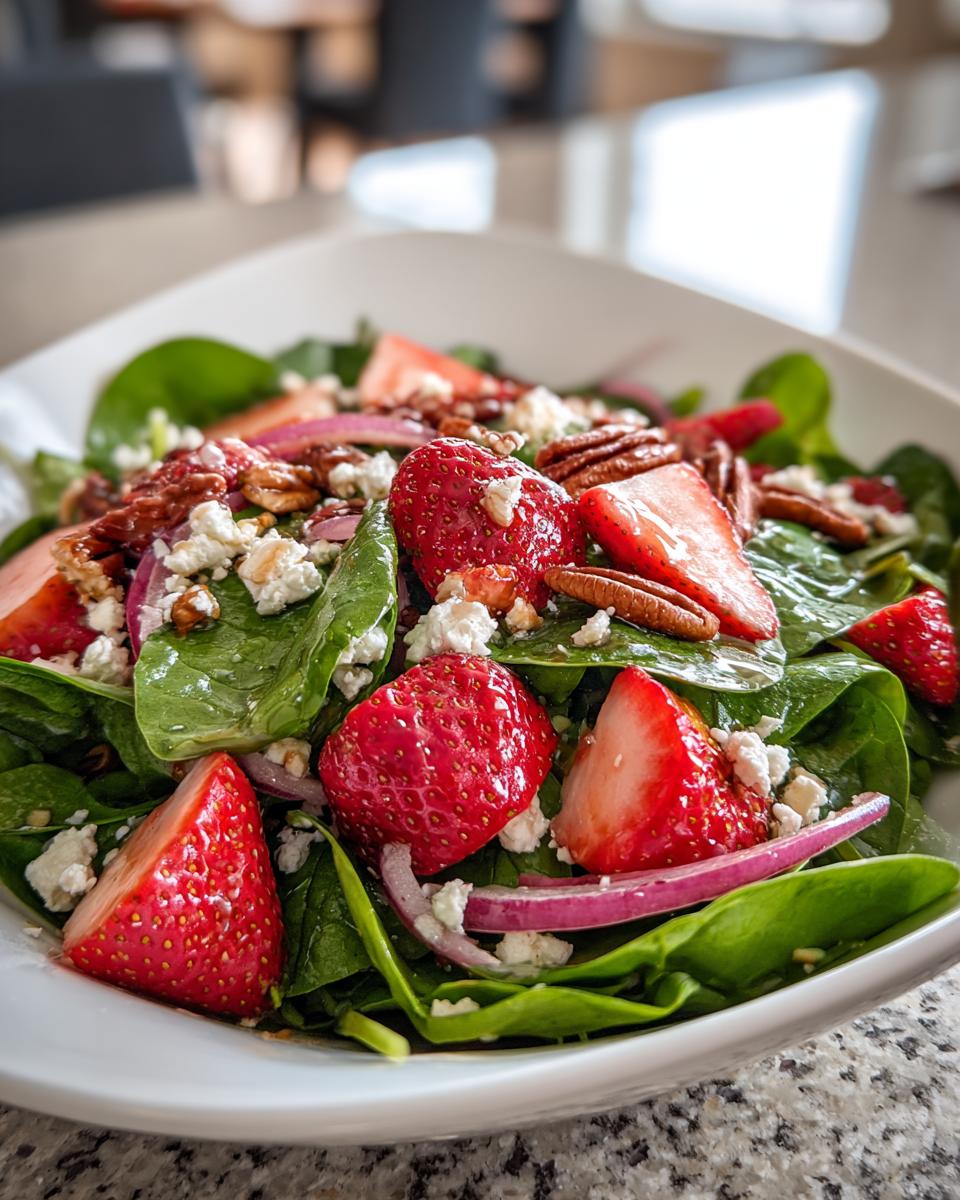 A vibrant strawberry spinach salad with feta cheese, red onion, and pecans.
