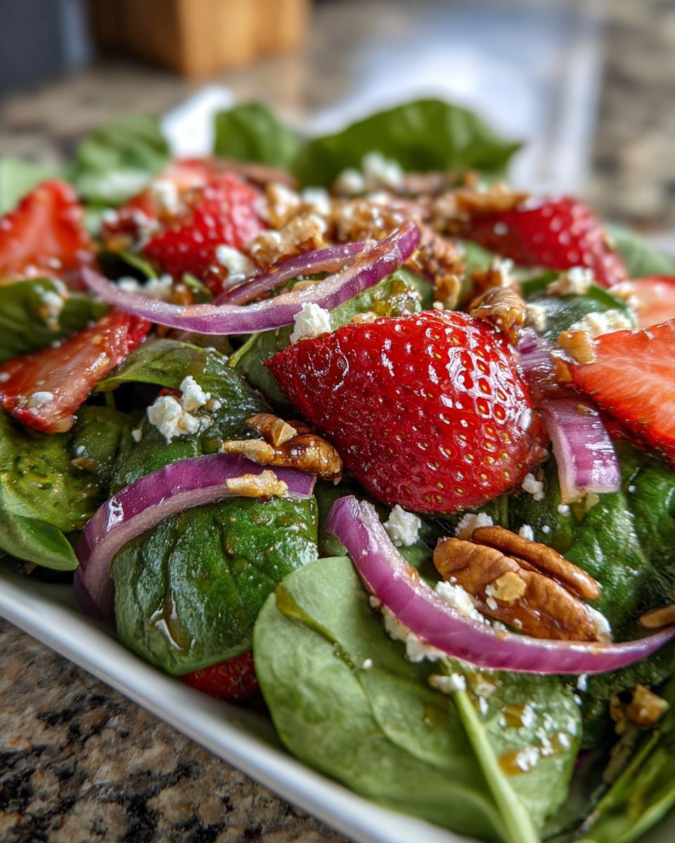 Close-up of a refreshing strawberry spinach salad with red onion, feta cheese, and walnuts.