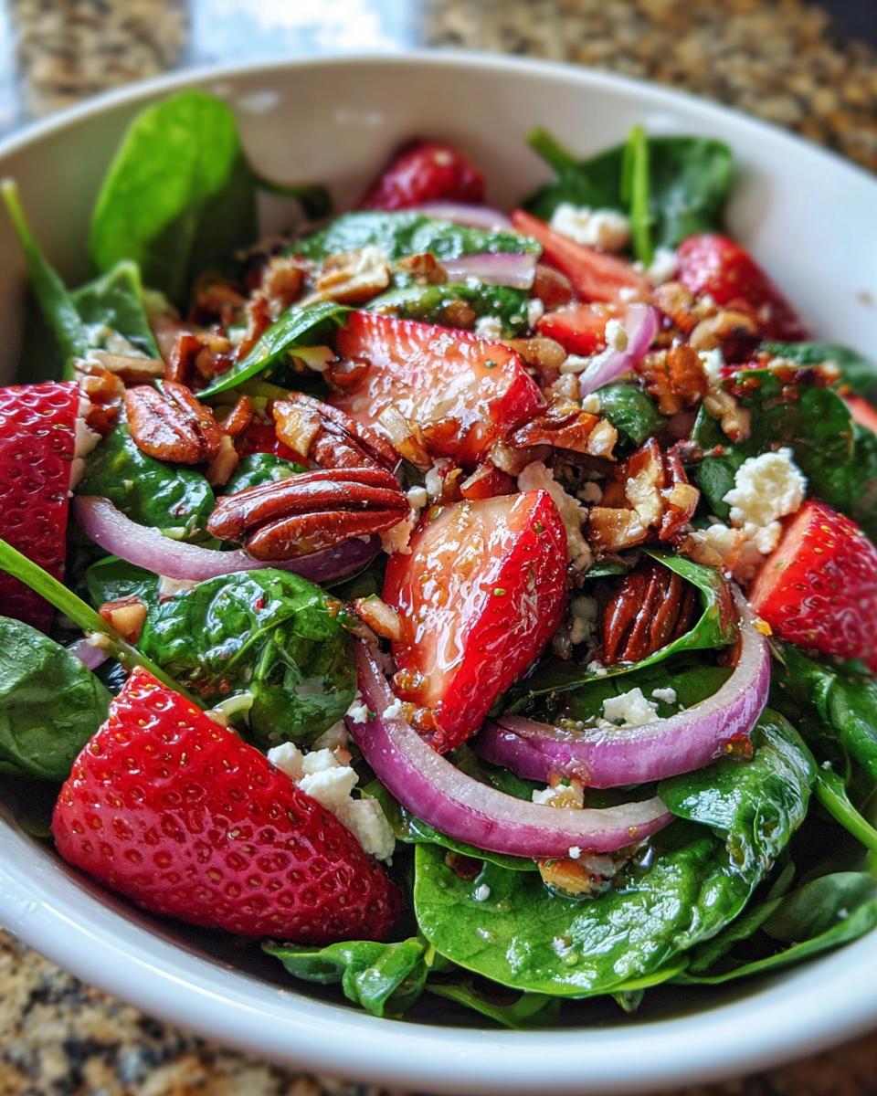 Close-up of a refreshing strawberry spinach salad with sliced red onions, crumbled feta cheese, and toasted pecans.