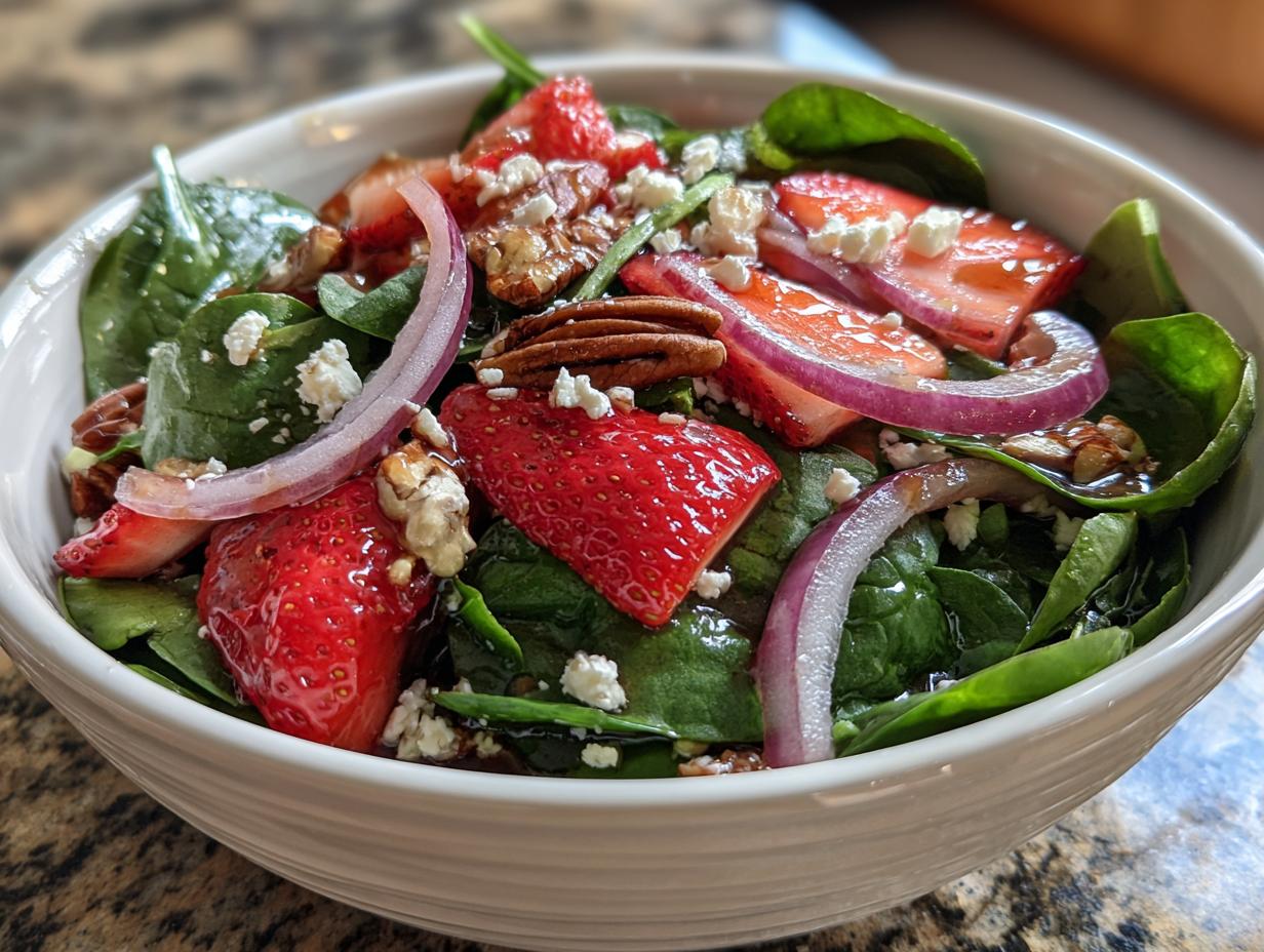 A refreshing strawberry spinach salad with feta cheese, red onion, and pecans in a white bowl.