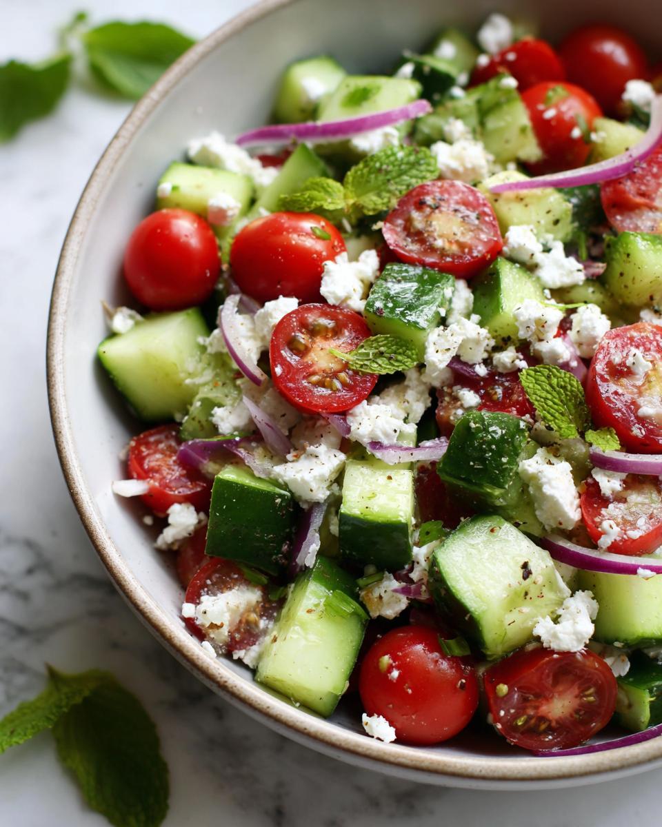 A refreshing summer salad with cucumber, tomato, feta, and red onion, perfect for cookouts.