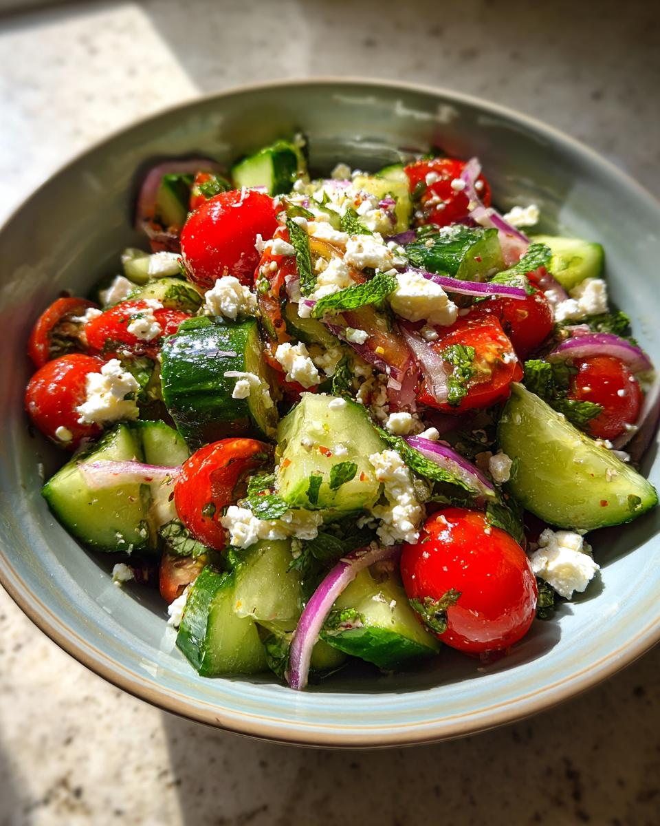 A refreshing Summer Salad with Cucumber, Tomato, Feta, and Red Onion, perfect for cookouts.