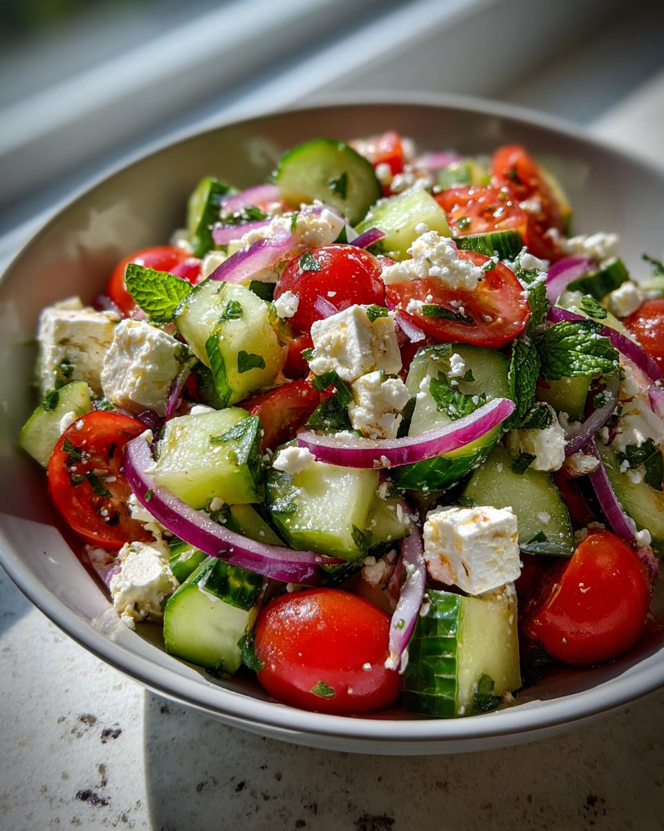 A refreshing Summer Salad with cucumber, tomato, feta, and red onion, perfect for cookouts.