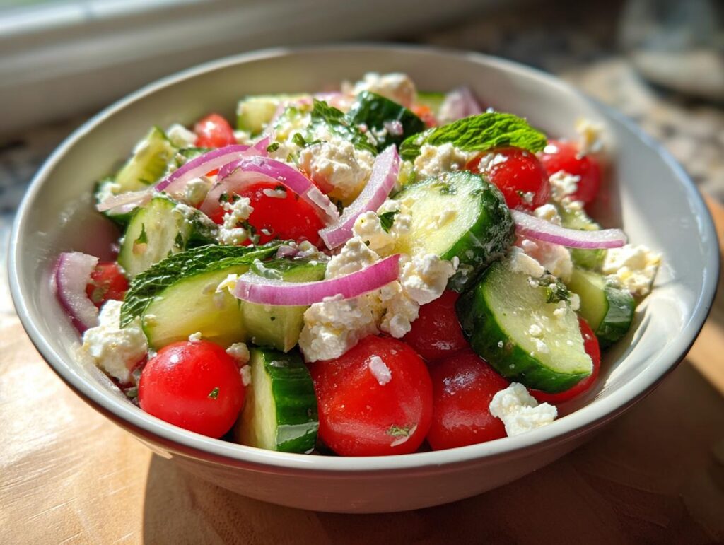 A refreshing Summer Salad with Cucumber, Tomato, Feta, and Red Onion, perfect for cookouts.