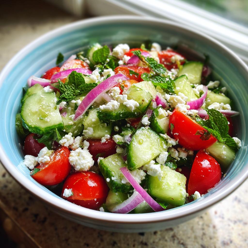 Close-up of a refreshing summer salad with cucumber, tomato, feta cheese, red onion, and mint.