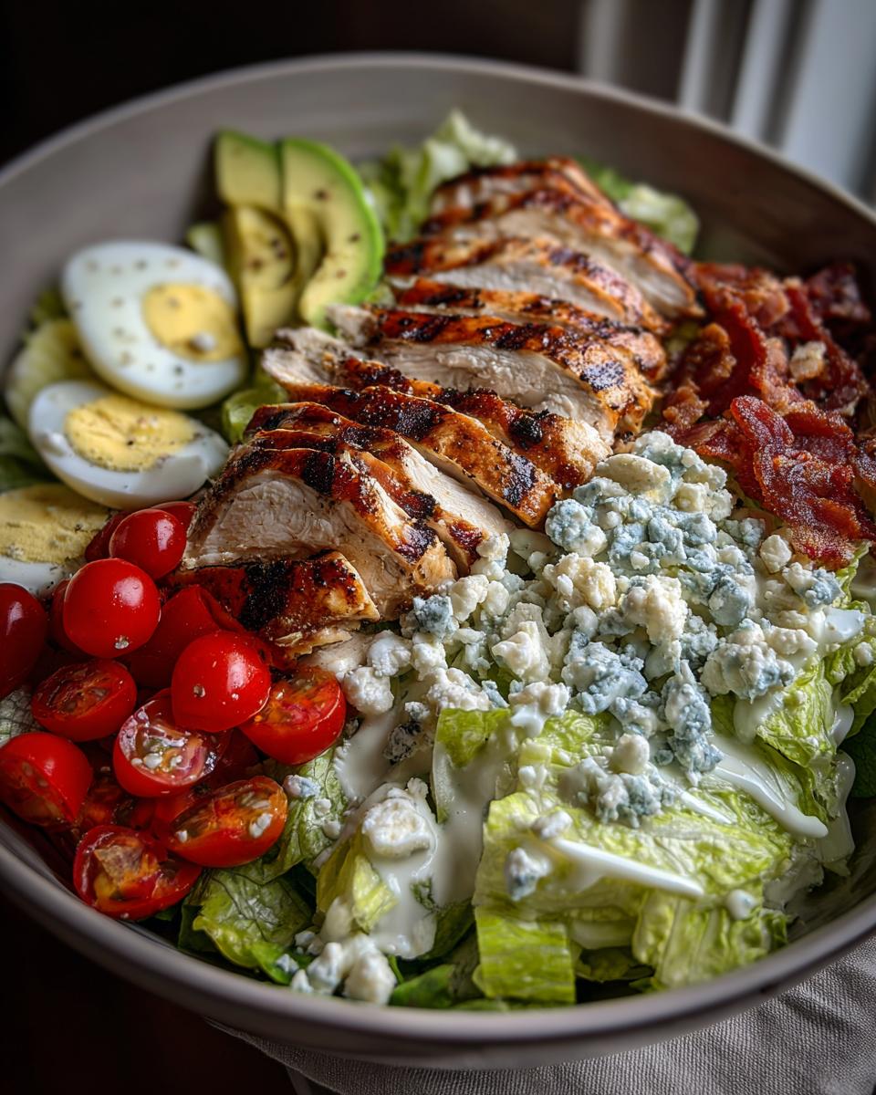 A close-up of a Summer Salad Recipe for Grilled Chicken Cobb Bowl with sliced grilled chicken, avocado, hard-boiled eggs, tomatoes, bacon, and blue cheese.