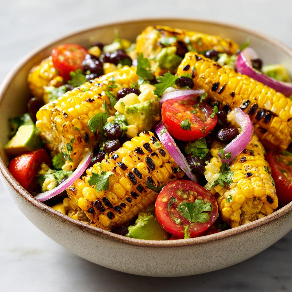 A vibrant summer salad featuring grilled corn on the cob, black beans, cherry tomatoes, avocado, and red onion.