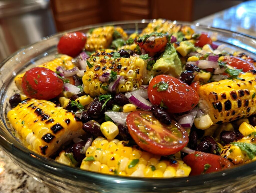 A vibrant summer salad featuring grilled corn, cherry tomatoes, black beans, avocado, and red onion.