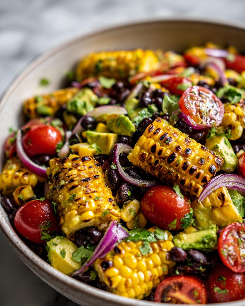 Close-up of a summer salad with grilled corn, black beans, avocado, cherry tomatoes, and red onion.