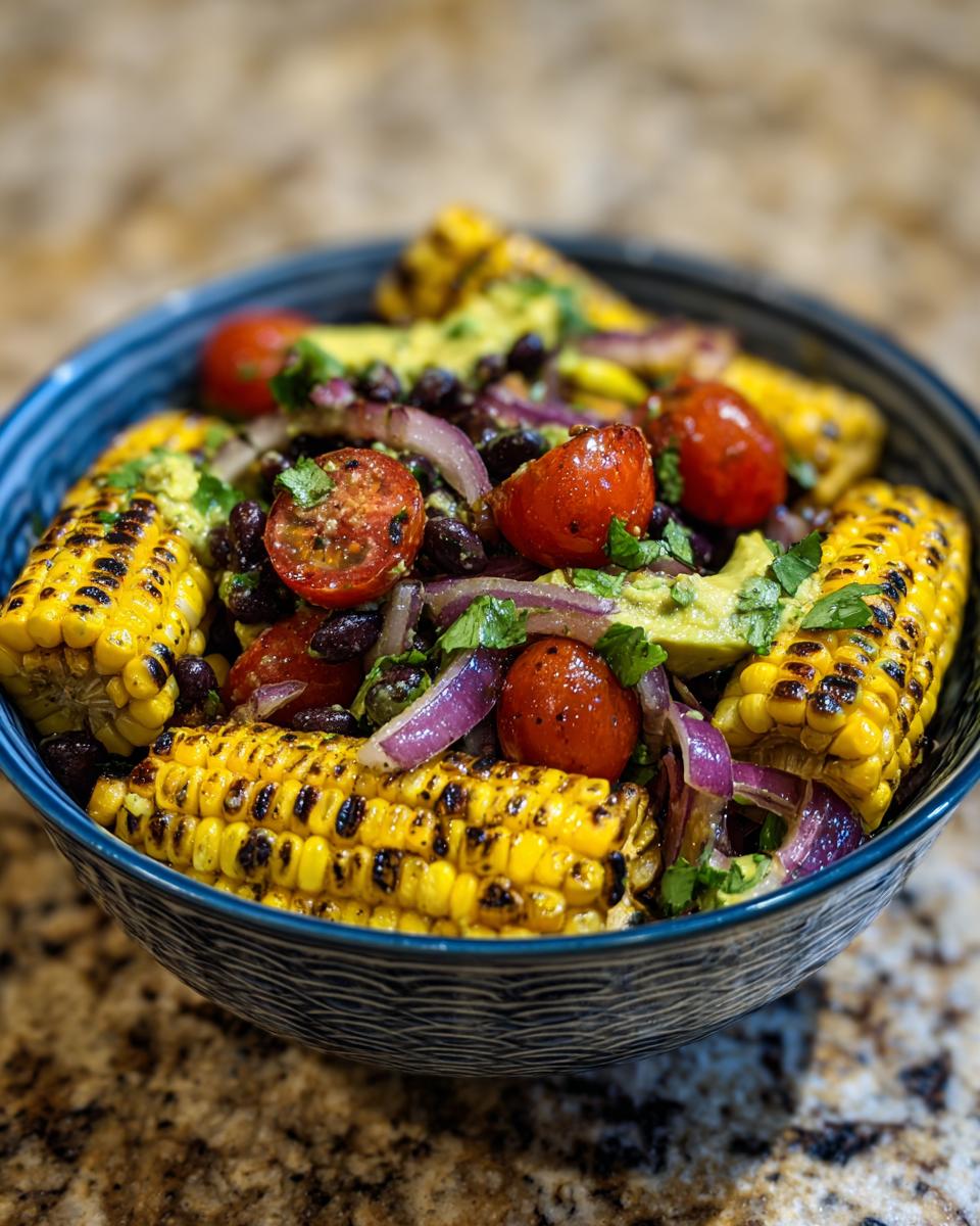 A vibrant bowl of summer salad featuring grilled corn on the cob, black beans, cherry tomatoes, red onion, and avocado.